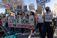 “ICE out of the Super Bowl”
8, Feb. 2026 Community protests the presence of ICE and Border Patrol at Super Bowl LX in Santa Clara, Ca.
(ProBonoPhoto/John Weekes